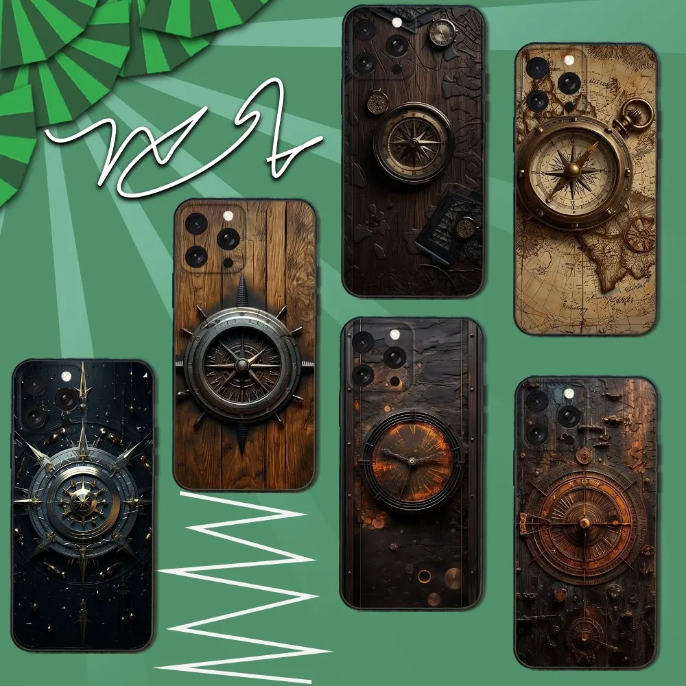 

Wood Compass Clock ART Phone Case For iPhone 16e,16,15,14,13,12,11,Pro,X,XS,Max,XR,Plus,Mini Soft Black Cover