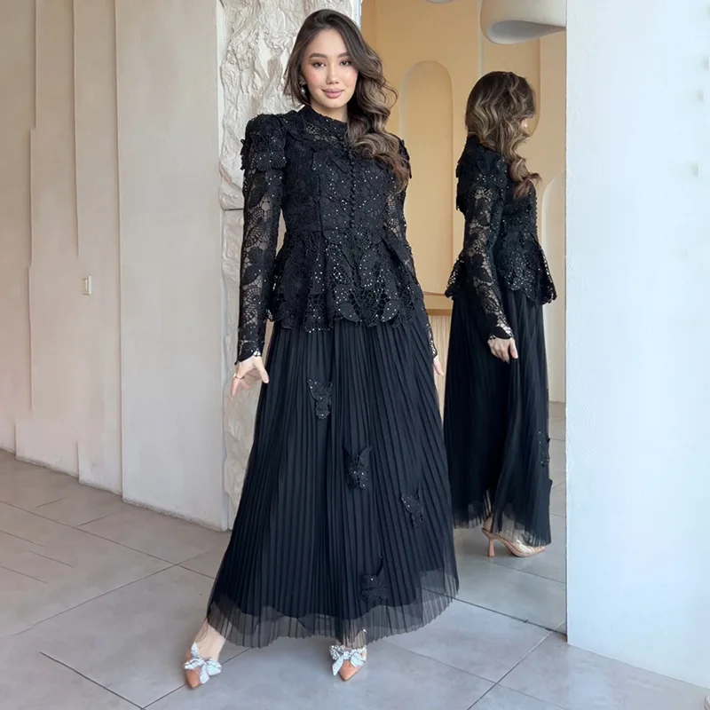 

Elegant Solid Embroidery Skirt Two Piece Set Spring Women Long Sleeves Hollow Out Top+High Waist Mesh Bust Skirt Autumn Outfit