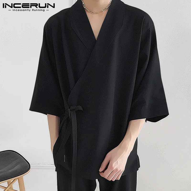 INCERUN Men\'s Shirt Solid Color Loose Lapel Half Sleeve Streetwear Lace Up Casual Men Clothing Summer 2024 Korean Male Shirts