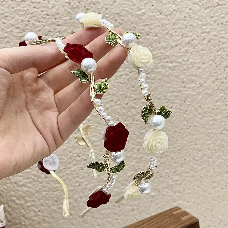 Diadema de perlas rosas Retro de gama alta tocado con horquillas señoras elegante diadema de vid rosa accesorios para el cabello para niñas