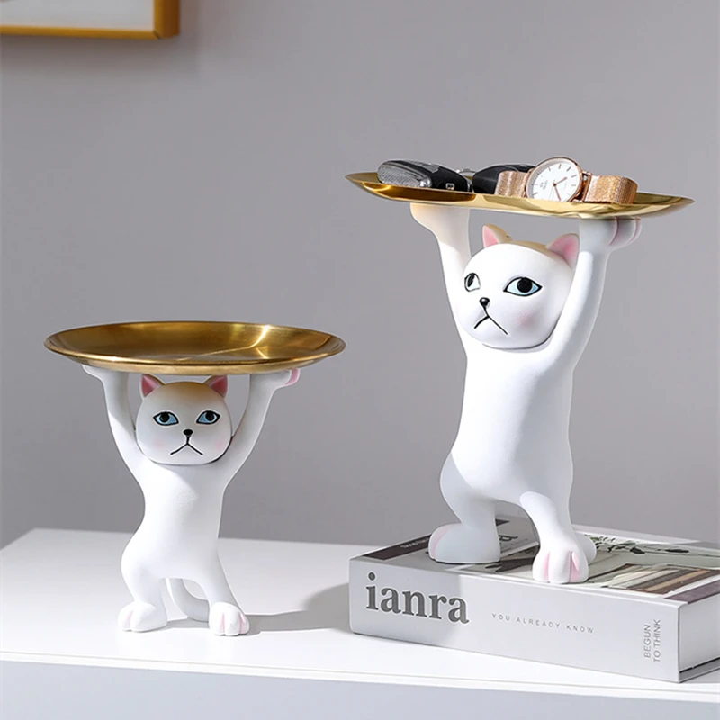 Creative Enchanting Cat Crafts Resin Keys Watch Sundry Storage Tray Living Room Decoration Home Art Decorative Animal Figurines