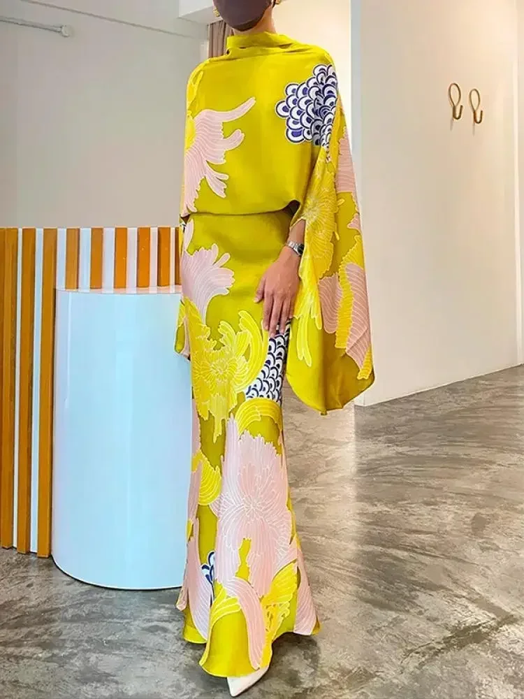 Lemongor 2025 New Female Elegant Party Evening Two Piece Sets Floral Printed Batwing Sleeve Blouses & High Waisted A-Line Skirts