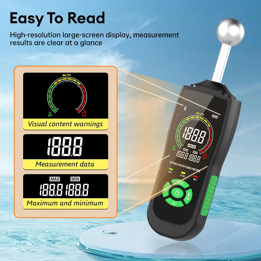 MT68 Digital Wood Moisture Meter Non-contact Timber Damp Detector LCD Screen Hygrometer Alarm Humidity Tester Pinless Detect