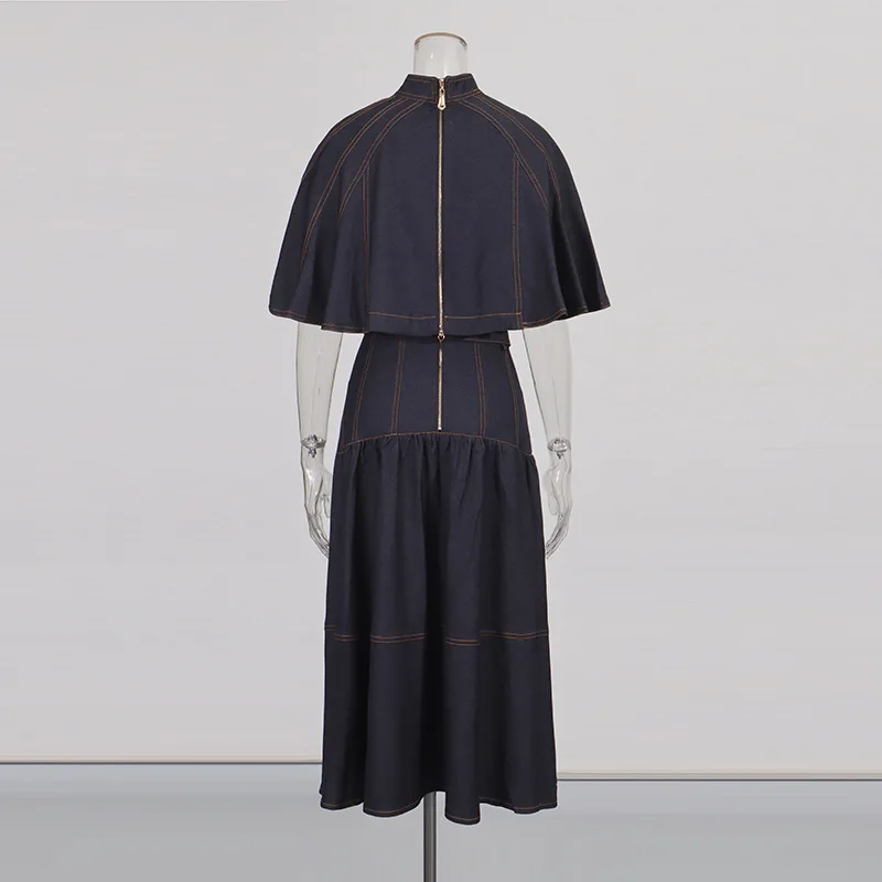 ANJY Autumn New Women Fashion Casual Two-Piece Set Cape Style Stand Collar Zipper Top High Waist Pleated Chic Denim Skirt A12157 image 3