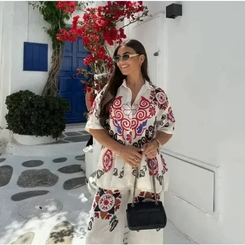 طقم بنطال مطبوع بأكمام قصيرة للنساء ، نمط عطلة مشهور ، كاجوال وعصري ، زر