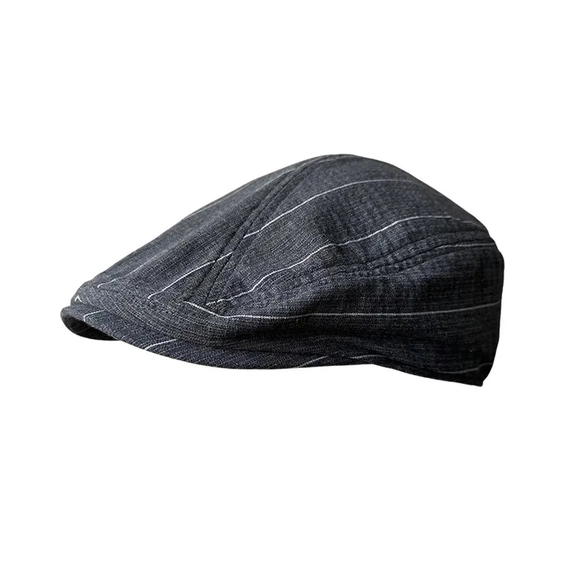 Spring And Summer Linen Casual Men Flat Summer Linen Beret Hat Woman Dark Gray Striped Breathable Cap Duckbill Driving Hats 026