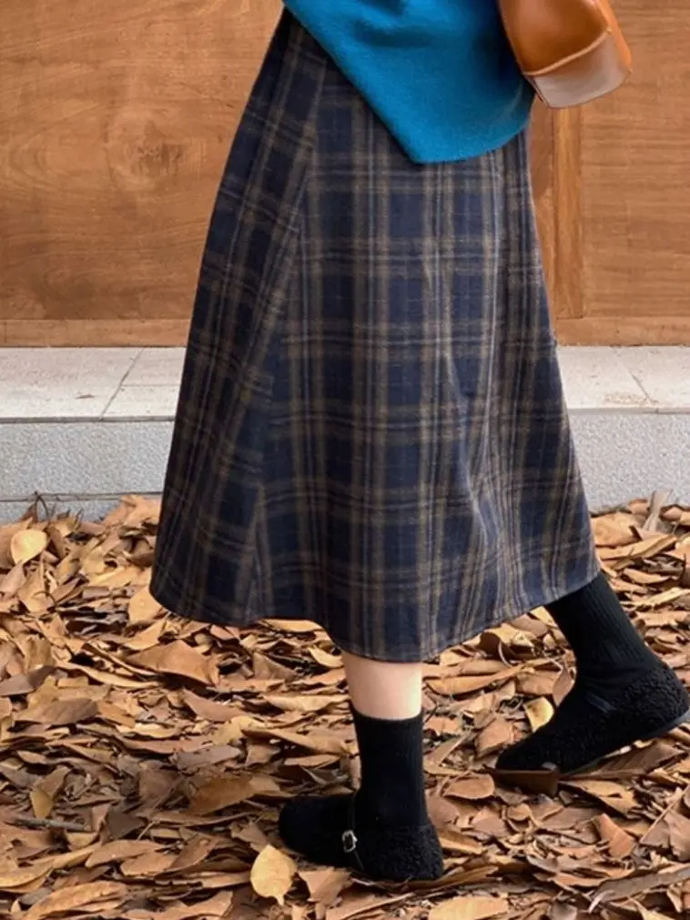 High Waist A-Line Plaid Woolen  Skirt Women's Autumn Winter Casual City Commute Travel Shopping Versatile Vintage Feel