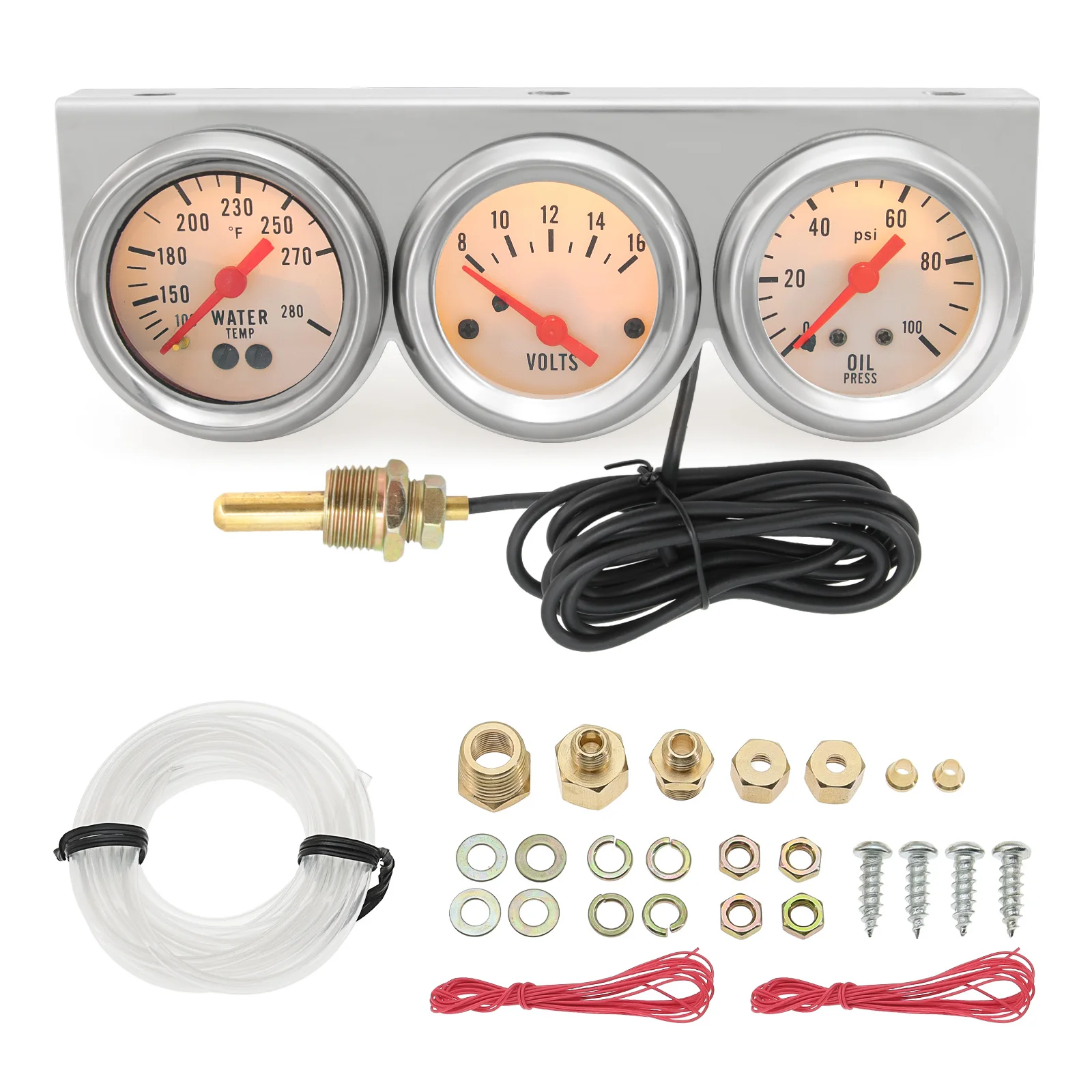 Triple Gauge 52mm Voltage / Water Temp (Fahrenheit)/Oil Press Chrome Bezel 3-In-1 Kit Meter Mechanical Instrument For Cars Gauge