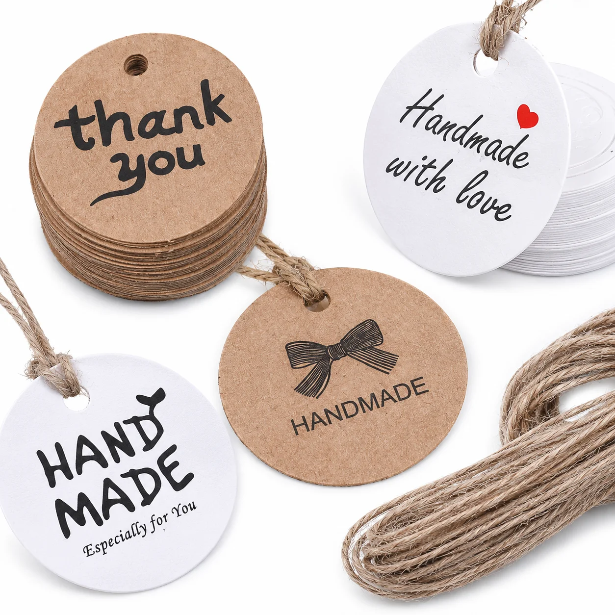 100 Stück Vintage Runde Papier-Geschenk-Etiketten, Blanko-Dankeschön-Etiketten und handgemachte Etiketten auf der Rückseite für Kleinunternehmen-Verpackungen mit Schnur – Detail 1