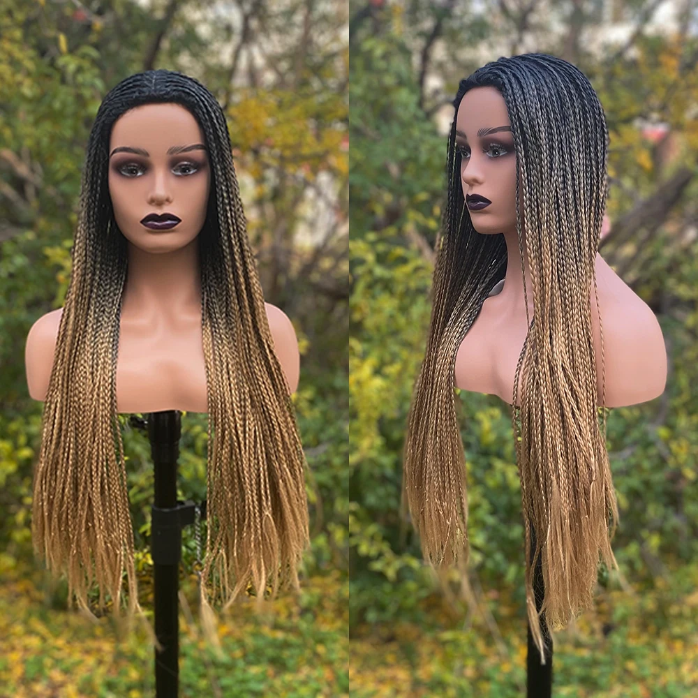 Cosplay Box Braided Wigs For Black Women Synthetic Ombre Blonde Braiding Hair Wig Heat Resistant Fiber Long Braids Wigs