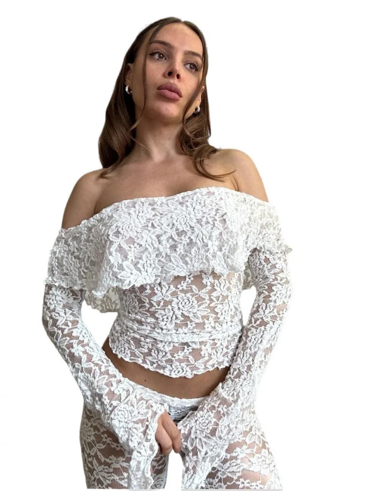 Sexy Lace See-tough Hollow out Trousers And Top Set Women's Faionable Long Sve Clothing Breathable Comfortable Elastic