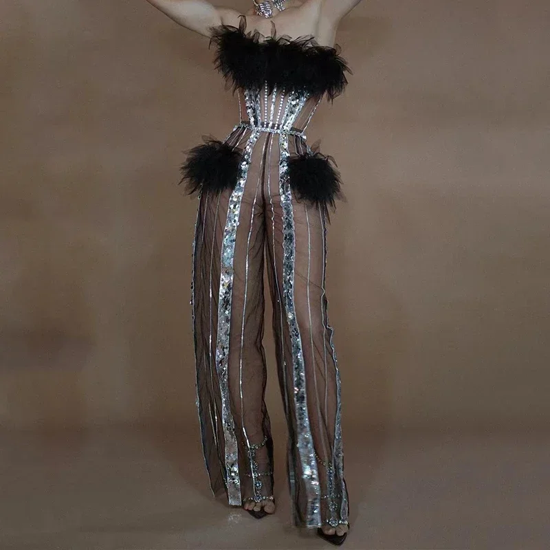 Sexy Mesh Transparent Pailletten Overall Frauen Pole Dance Kleidung Nachtclub Ds Dj Gogo Rave Outfits Drag Queen Kostüm XS7561
