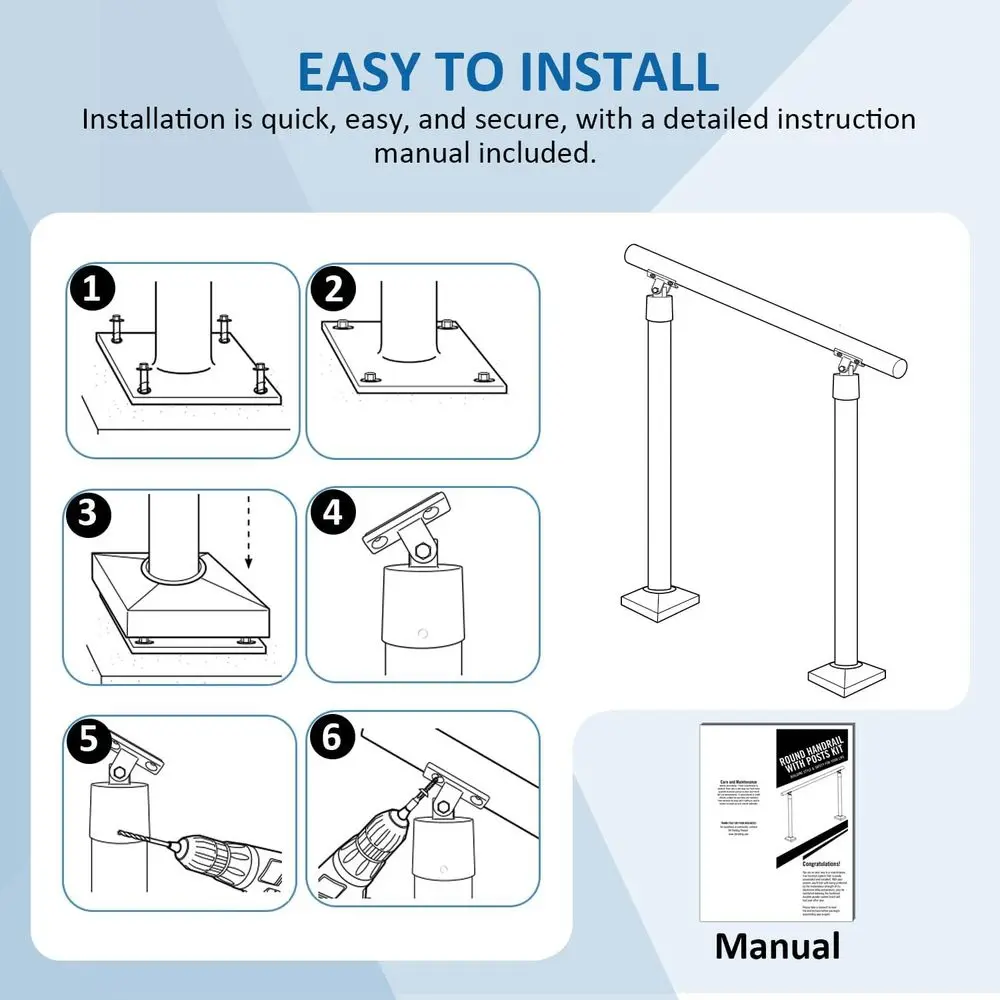 درابزين دائري من الألومنيوم للخطوات والسلالم - تحميل 800 رطل، مجموعة 0-4 خطوات، الشرفة والسطح (أسود محكم، 4 أقدام)