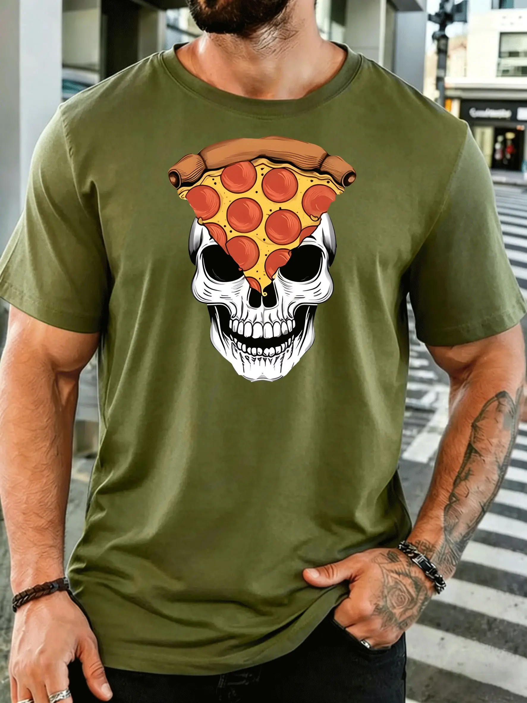 Skull With Pepperoni Pizza Slice Mens Front Print T Shirt Cool Food Skeleton Graphic Tee Casual Short Sleeve Top Pizza Fan Gift