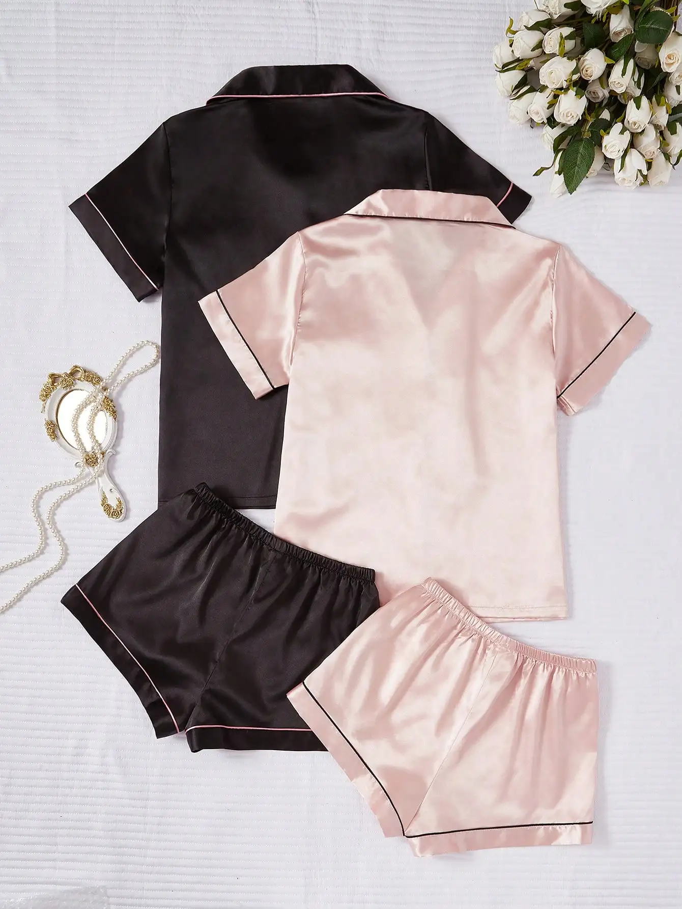 4피스 칼라 반팔 & 반바지 인조 실크 파자마 세트