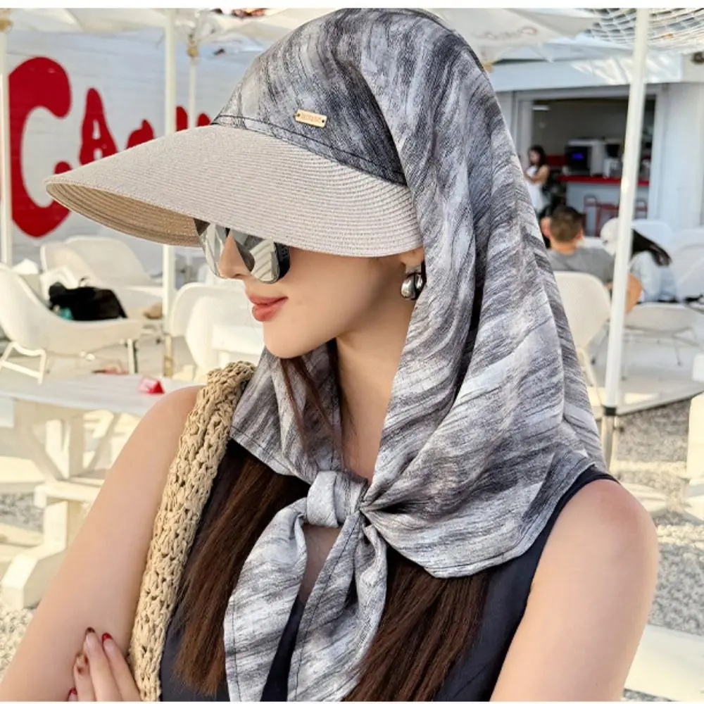 Casual Korean Style Headscarf Baseball Hat Print Wide Brim Summer Sun Hat Neck Guard Hair Band Scarf Baseball Cap Street