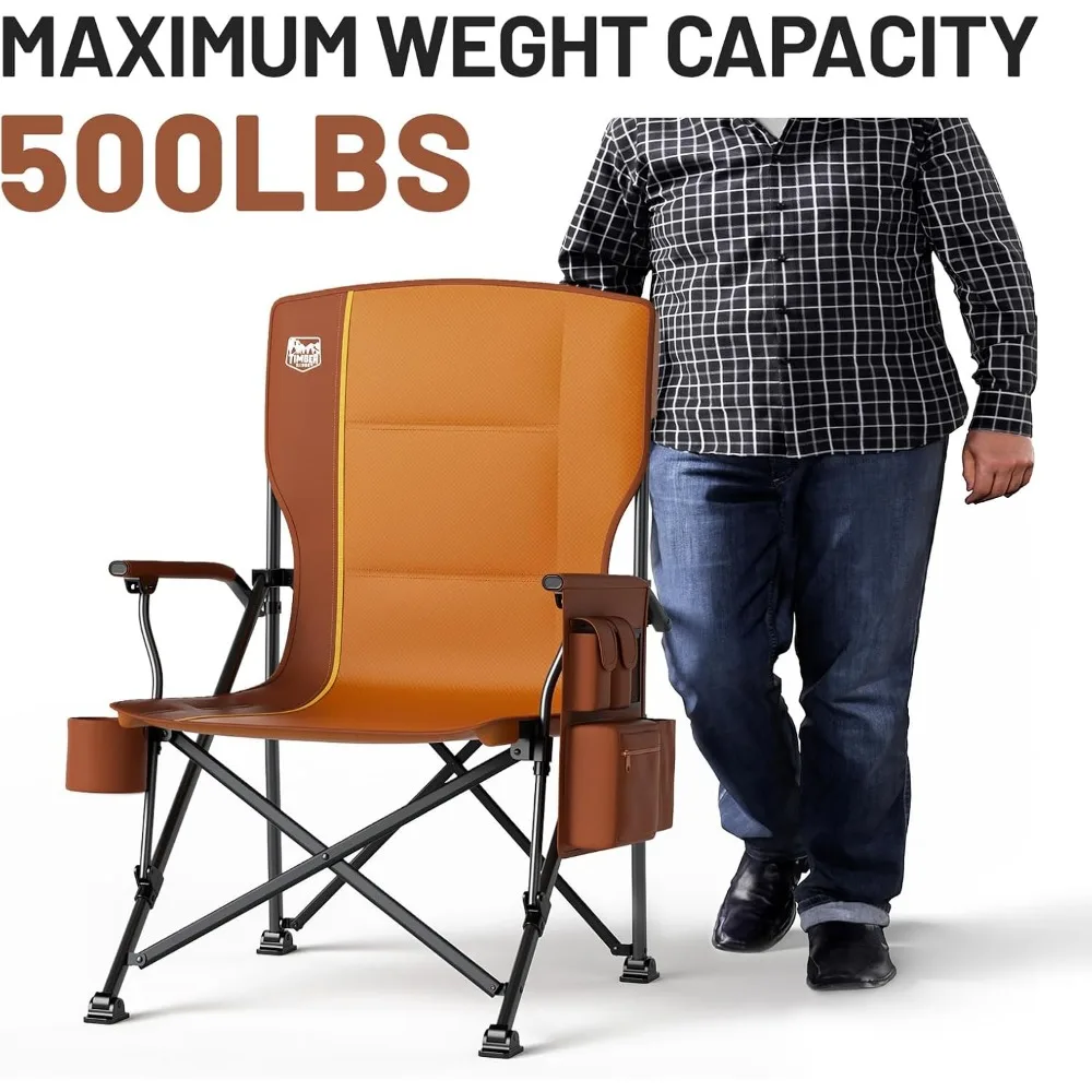 كرسي تخييم كبير الحجم قابل للطي عالي التحمل مع دعم خلفي عالي وحامل أكواب وجيب جانبي للبالغين حتى 500 رطل
