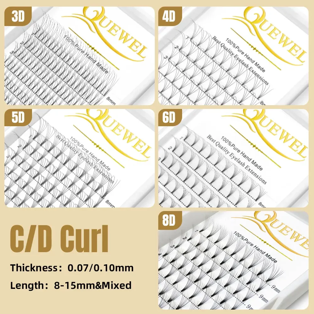 Quewel 3D/4D/5D/6D/8D Premade Volume Fans Short Stem Russian Eyelash Extension Eyelashes Mink Silk Eyelash Extension C/D Curl