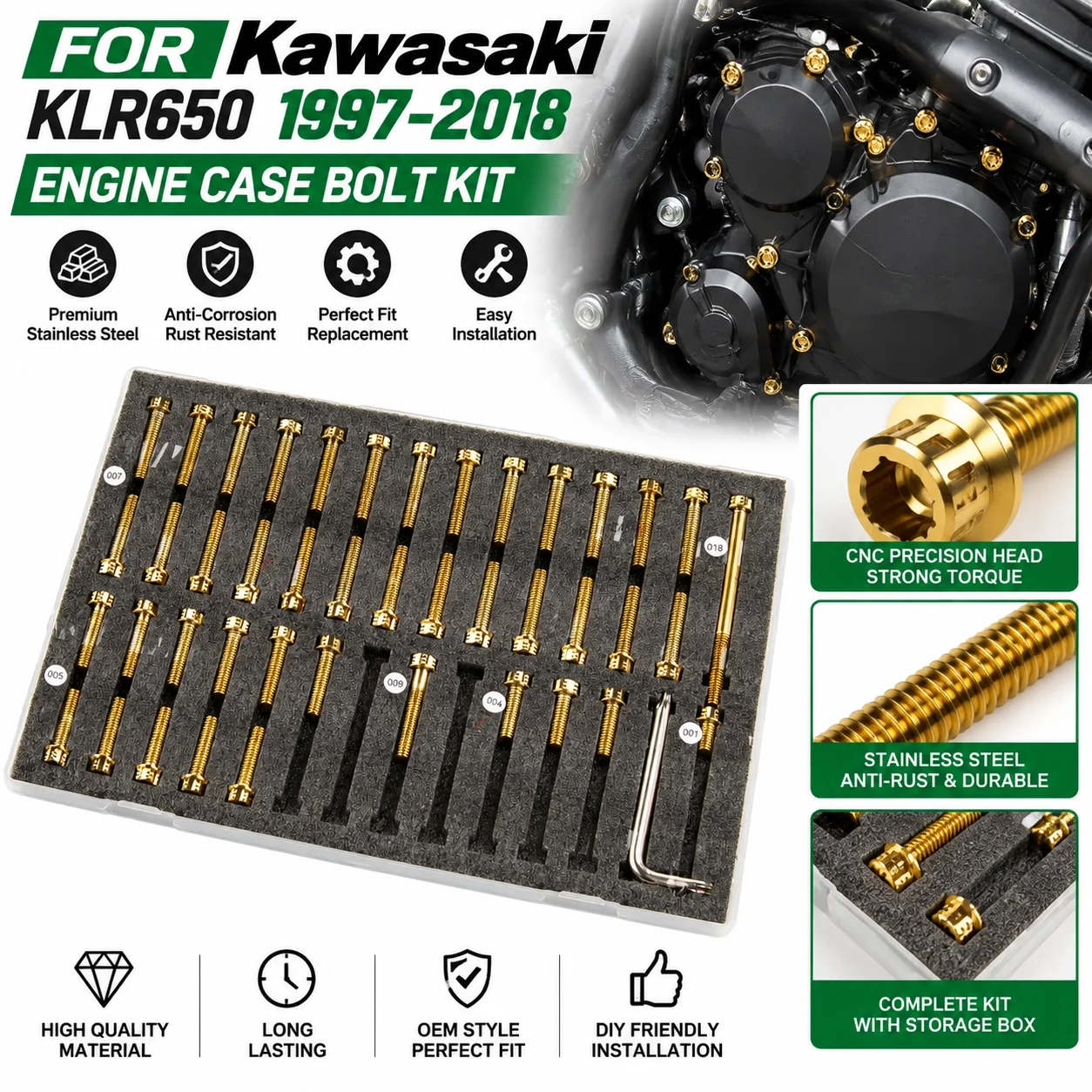 Motorcycle Engine Case Bolt Kit Gold Stainless Steel Screws for Kawasaki KLR650 1997-2018 Cover Fasteners Replacement Hardware