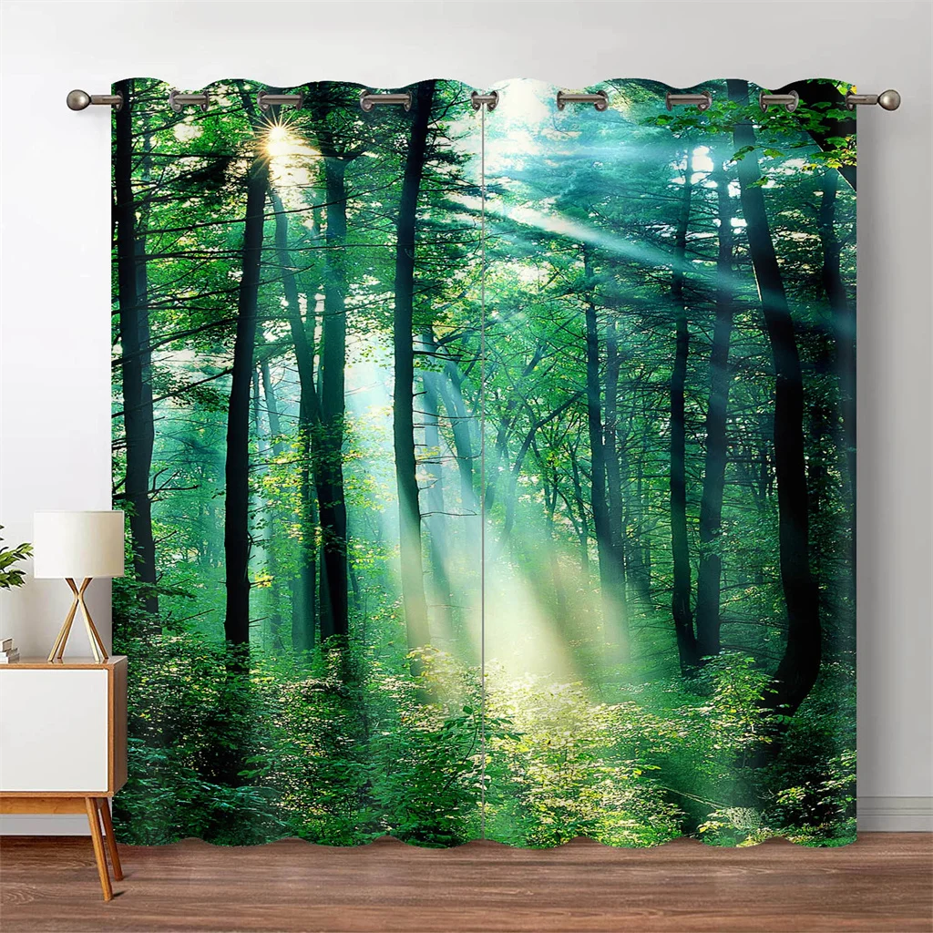 

3D Forest Blackout Curtain Jungle Tree Nature Scenery Window Curtain Living Room Bedroom Waterfall Left and Right Biparting Open