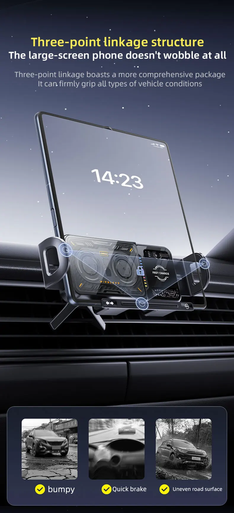 15W Schnelles Kabelloses Lade-Autohalterung für Handys 90 ° Ein-Klick-Drehhalterung, Stabiler Anti-Wackel-Lüftungsclip für alle Smartphones – Detail 17