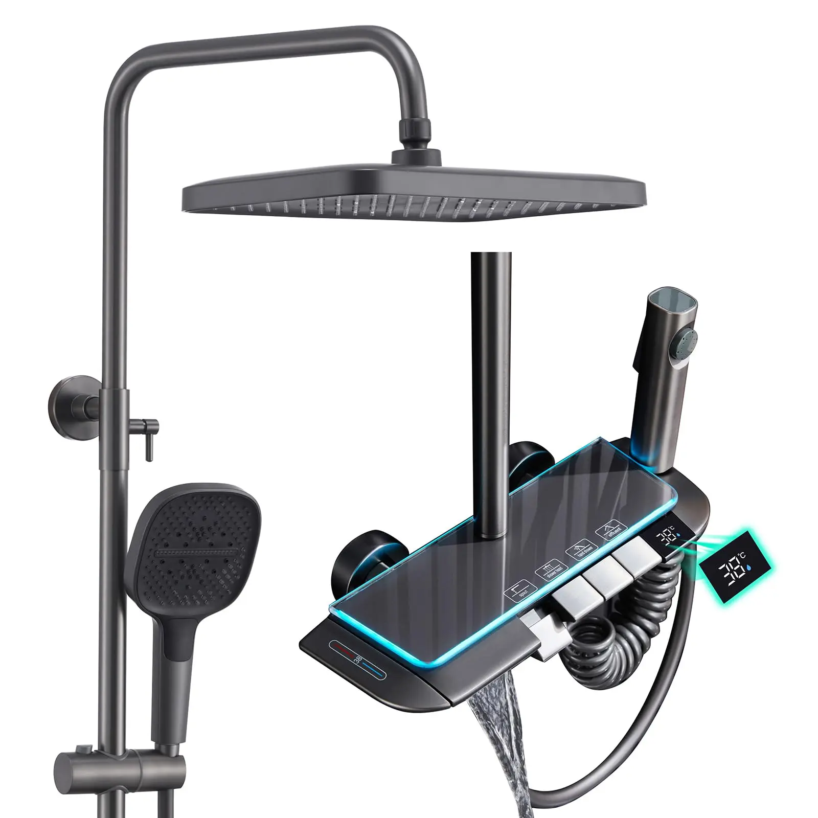 Sistema de ducha de baño de lluvia con pantalla Digital LED inteligente, juego de ducha termostática montado en la pared de latón gris con pistola
