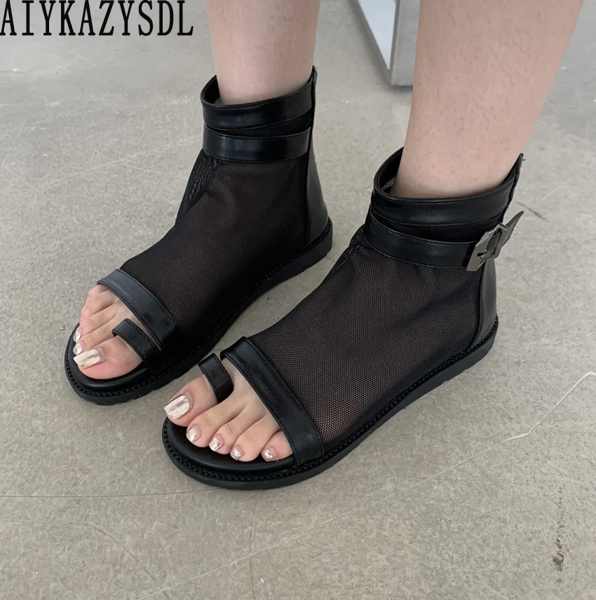 

Ring Toe Mesh Gauze Summer Bootie Women Breathable High Top Ankle Boots Flat Heel Casual Shoes Rome Gladiator Sandals Student