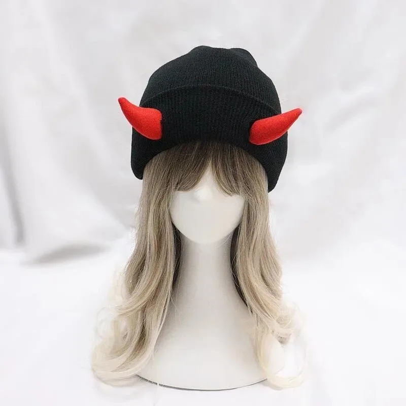 1-10PCS Warm Knitted Devil Horns Beanie Funny Novelty Horned Cap Hip Hop Halloween Autumn Winter Headwear for Unisex Men Women