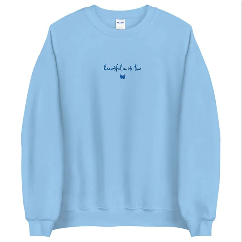 Butterfly in its Time Letters Embroidery Women Pullover Sky Blue Autumn Thick Sweatshirt Crewneck Loose Casual Aesthetic Hoodies