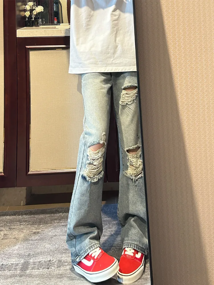 American Retro Blue Denim Jeans Men's Design Sense Washed Hole High Street Straight Leg Micro Flare Long Pants Spring Comfort...