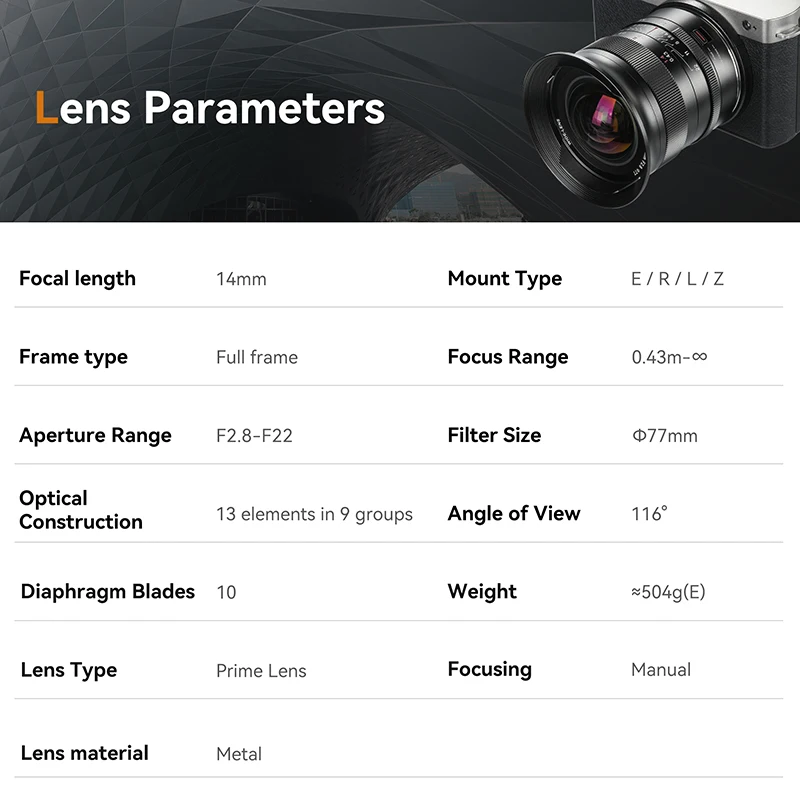 7artisans 14mm F2.8 Full Frame Ultra Wide Angle Manual Focus Lens for Sony E A7C II Canon R Nikon Z Z5 Z7 II L Mount Cameras