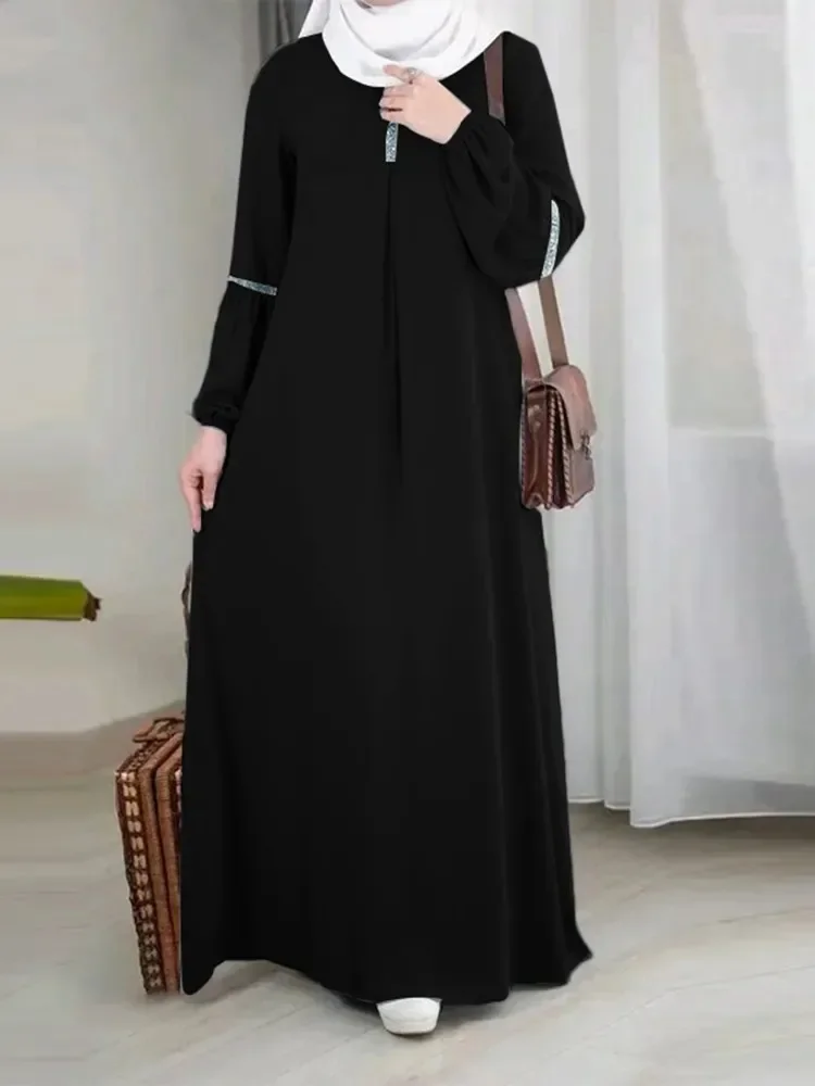 Women Eid Muslim Dress Kaftan Islam Party Dresses Dubai Vestidos Lantern Sleeve Solid Color Abaya Sequins Casual Ramadan