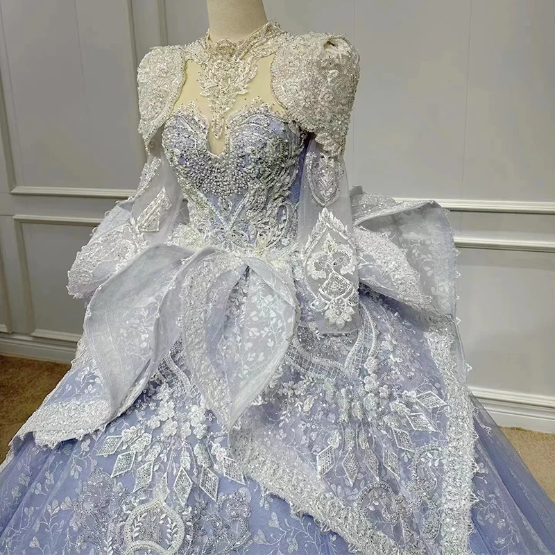 Elegante vestido De quinceañera con diamantes para niñas, traje De corte con lazo, volantes, cuello alto, plisado, manga larga, personalizado, 15 Años