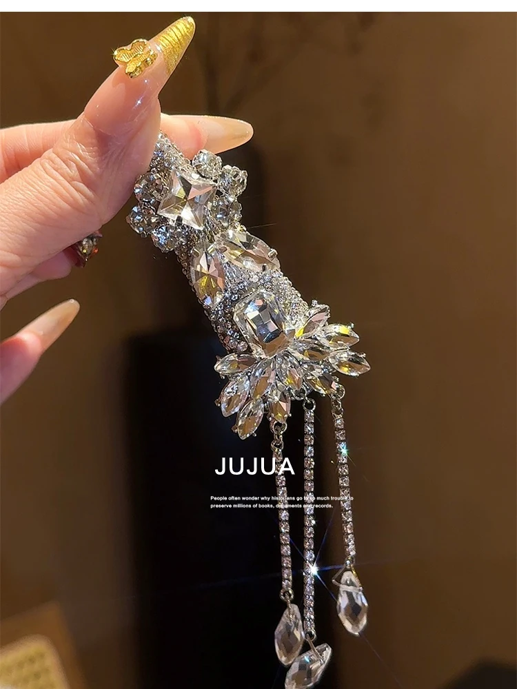 High-end crystal fringed hairpin on the side, light luxury heavy industry full diamond forehead hair accessories