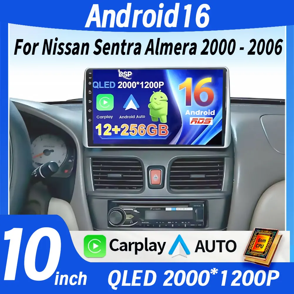 Radio Multimedia para Auto Android 16.0 2 Din, Reproductor de Video para Nissan Sentra Almera 2000-2006, Carplay, Navegación, 4G, 8+128G, Unidad Principal
