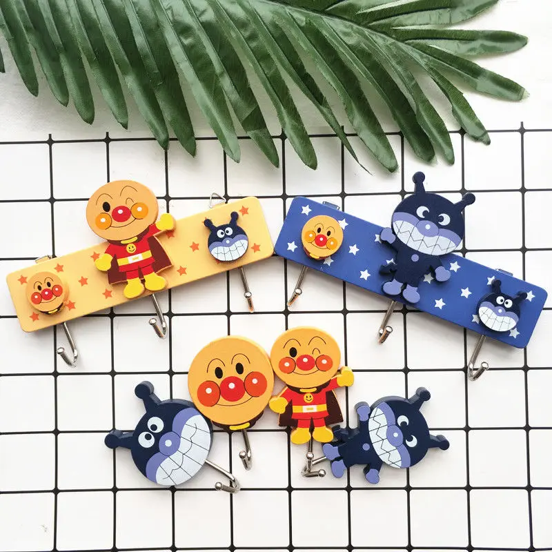 Kawaii Anime Cartoon Anpanman Baikinman Hook Creative Wooden Cute Wall Adhesive Hook for Boys and Girls Holiday Peripheral Gifts