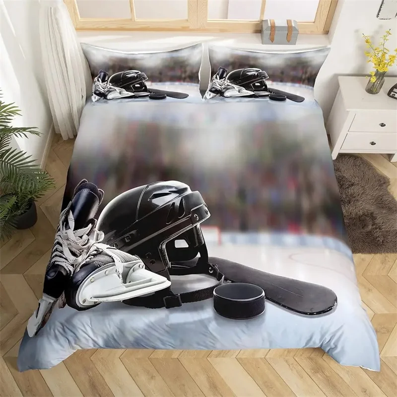 Ice Hockey Duvet Cover Set Full Queen Size Geometric Check Patchwork Stylish Bedding Set Athlete Winter Sports Comforter Covers 4