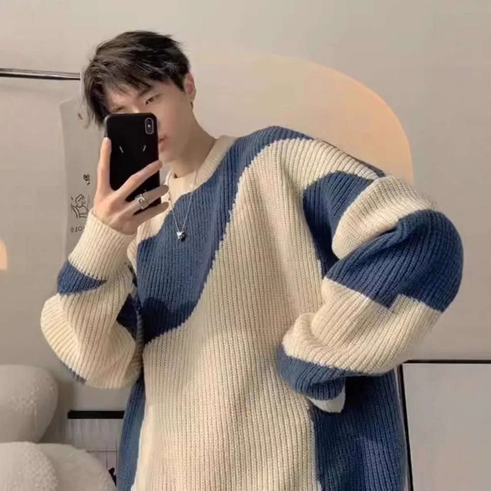 

Мужской свитер в полоску в стиле ретро, зимний повседневный свободный крой, вязаная верхняя одежда, удобное теплое полиэфирное волокно