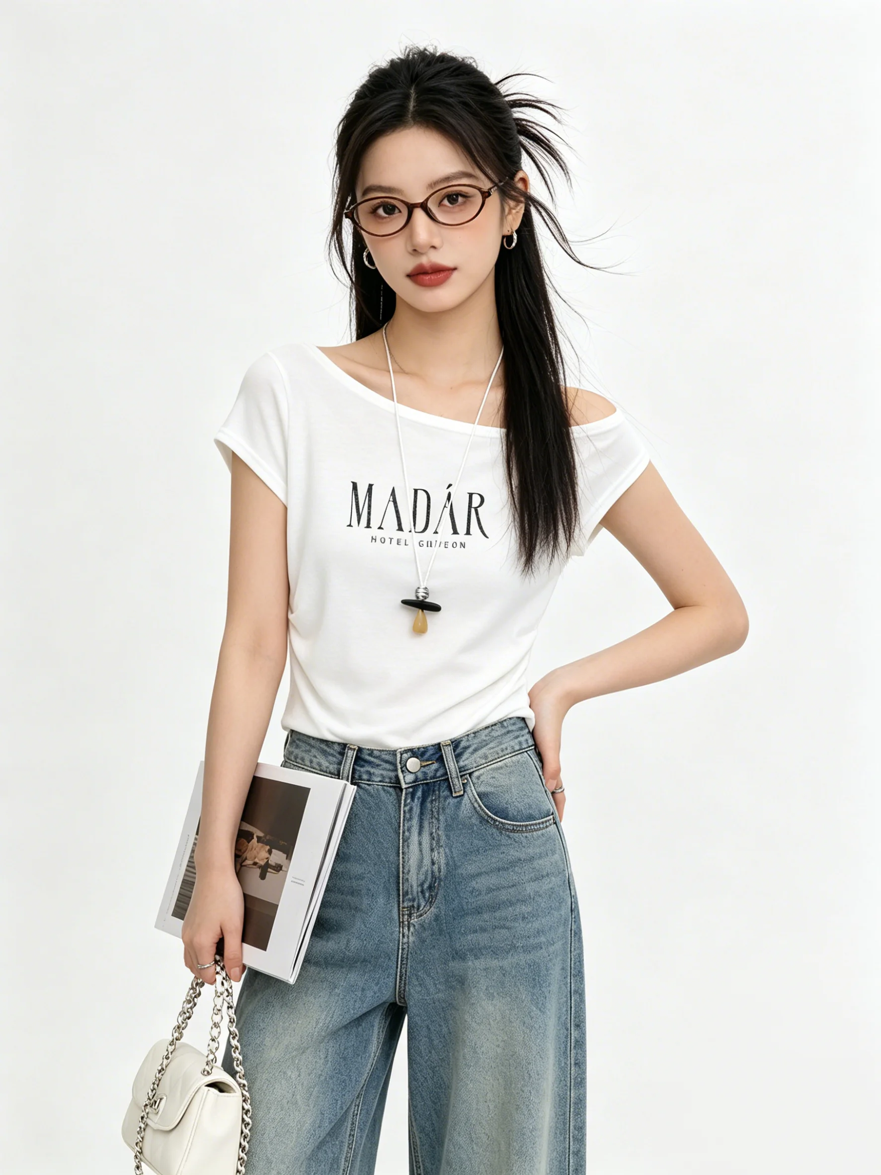 Korean Style Short Sleeve T-Shirt Summer Sweet And Spicy Print Diagonal Collar Drawstring Waist Slimming Short Length Top