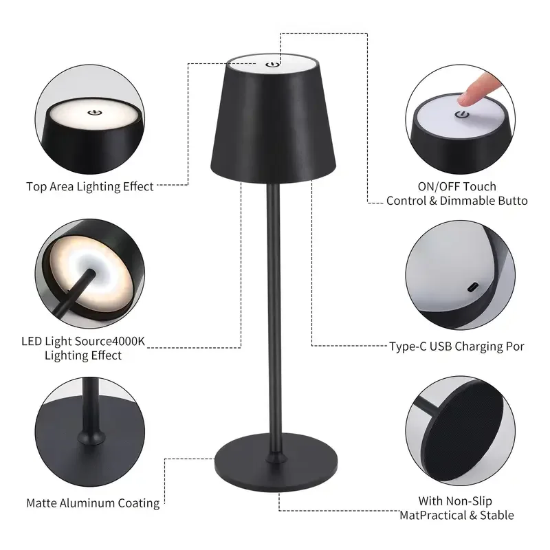 Lâmpada de mesa de leitura led regulável luz noturna recarregável preto/branco atmosfera luz noturna adequada para restaurante quarto