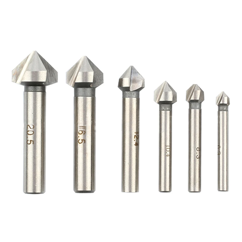 6Pcs 3 Flutes 90 Degree HSS Chamfering Cutter Woodworking Milling Cutter Countersink Drill Bit Hole Opener Set 6.3-20.5mm