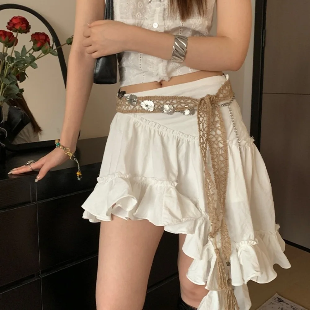 العرقية نمط البوهيمي نمط حزام طويل ربط القطن والكتان المنسوجة حزام الخصر حبل شرابة الفضة يترك الخصر سلسلة