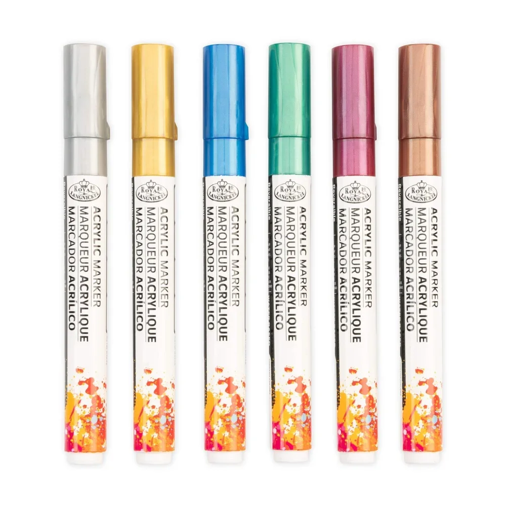 6 Piece Acrylic Reversible Tip Metallic Art Markers Non-Toxic Multi-Surface Craft Pens Fine Detail Illustration Drawing