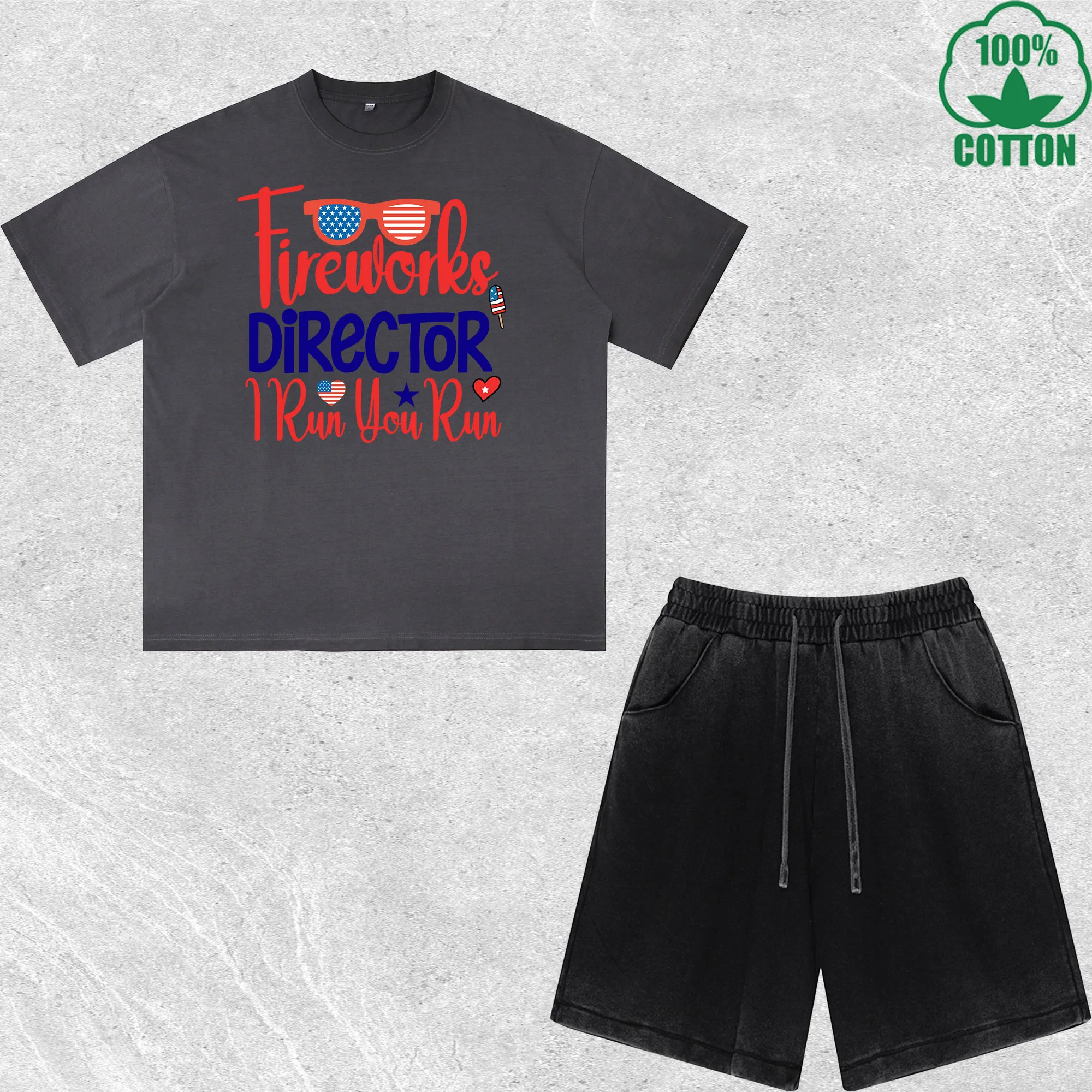 

Director Printed Dirty Wash T-Shirt Shorts Set Multicolor Combo Loose Trendy 100%Cotton