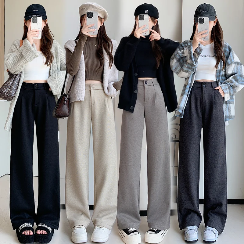 

Женские брюки с высокой талией и широкими штанинами, осенние, новые, прямого кроя, свободные, зимние, повседневные, утепленные, шерстяные, костюмные брюки