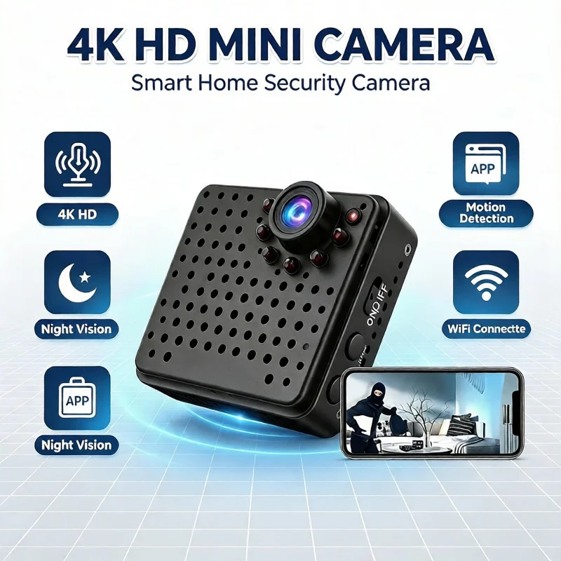 4k-hdミニセキュリティカメラ、ナイトビジョン、動体検知、遠隔監視機能付き、赤ちゃん・ペット・家庭用小型ワイヤレスwifiカメラ
