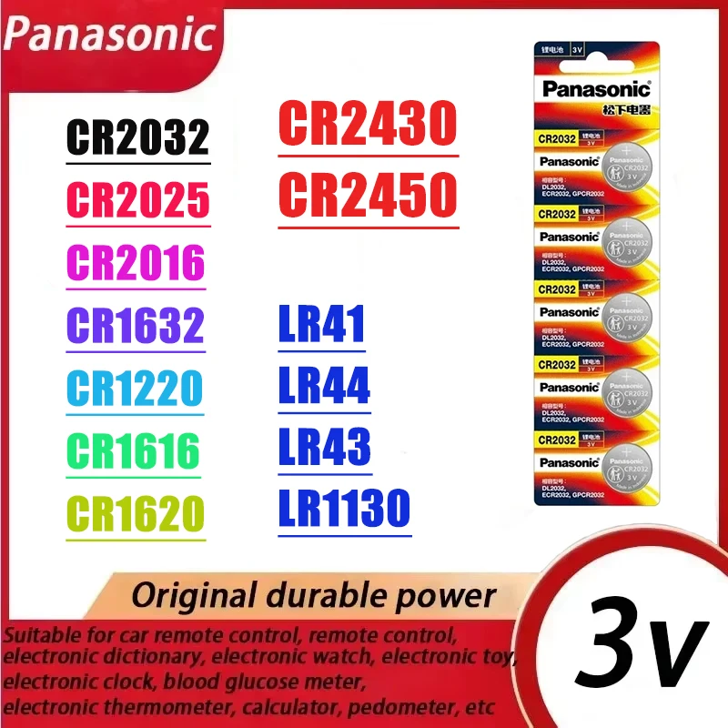 5Pcs Original Panasonic CR2032 batery CR2025 CR2016 batteria CR1632 CR1220 CR1616 CR1620 CR2450 CR2430 LR41 LR1130 LR43 LR44