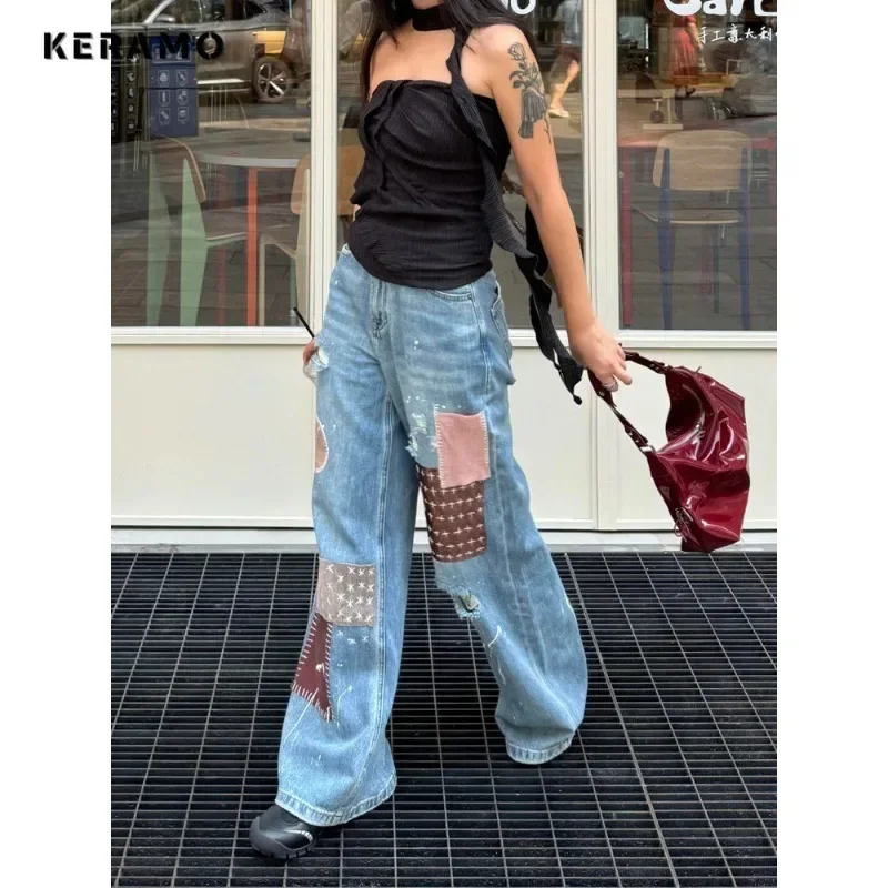 Rua vintage cintura alta reta emo jeans feminino casual rasgado calças baggy y2k perna larga grunge retalhos denim calças