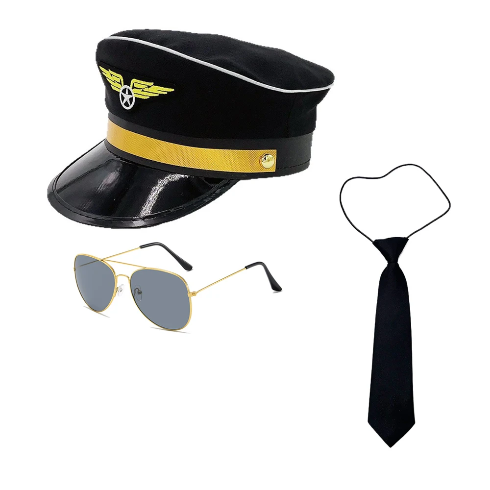 Verstelbare pilotenhoed voor kinderen Festivalfeest Rollenspel Kapiteinhoed Bril Stropdas Badge Cosplay Accessoires Set Rekwisieten