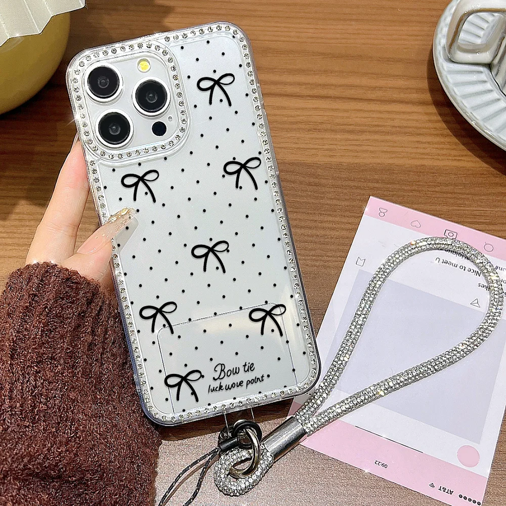 Diamant Lanyard Bogen Knoten Telefon Fall Für iPhone 17 16 Pro Max 11 13 15 14 12 Air 17 pro max Transparente Stoßfest Abdeckung Funda